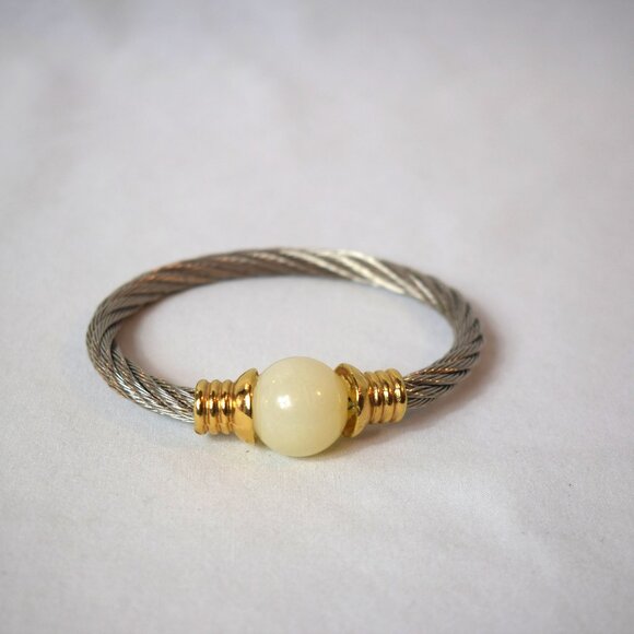 Stainless Steel Twisted Cable Bangle Bracelet with Pearl Like Sphere Accent - Picture 3 of 3